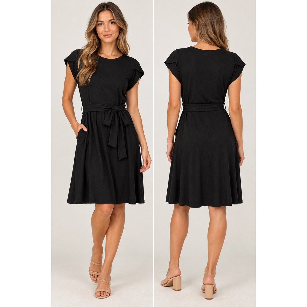 Pact Organic Cotton Fit Flare Black Belted Dress Pockets Capsule Womens Medium